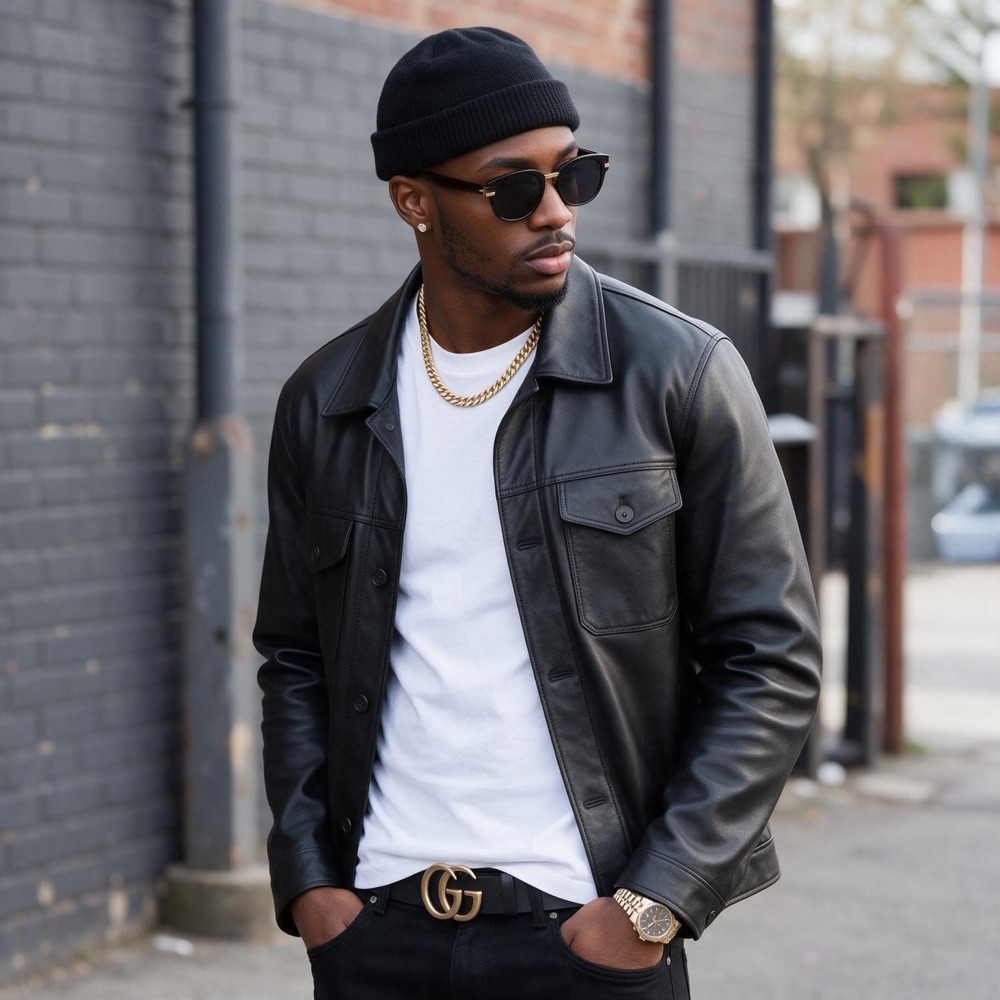 Portrait of a man in a black leather jacket, beanie and sunglasses, used as the input photo